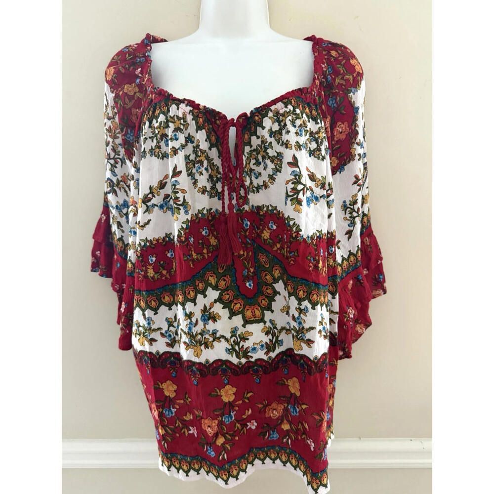 Bila Peasant Boho Blouse Women's L Multicolor Floral 3/4 Sleeve Smocked Tassel